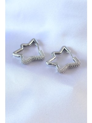 Eco Lounge Gümüş Renk Yıldız Model Zirkon Taşlı Pirinç Kadın Küpe