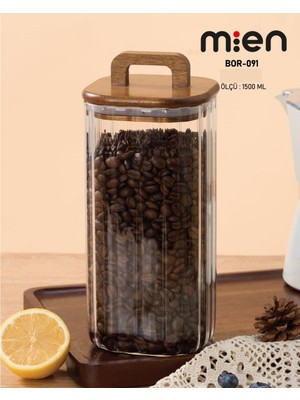 Mien 1500 ml Kare Line Borosilikat Cam Kavanoz – Akasya Kapaklı