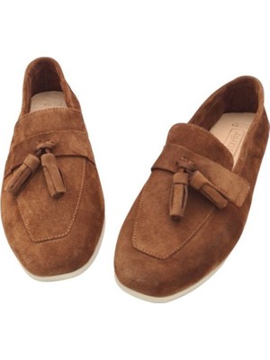 Hakiki Deri Taba Süet Püsküllü Kadın Günlük Ayakkabı Babet