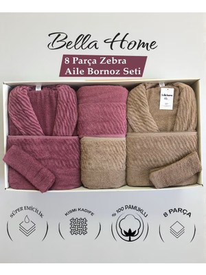 Bella Home 8 Parça Zebra Aile Bornoz Seti - %100 Pamuk - Orijinal Lüks Kutu