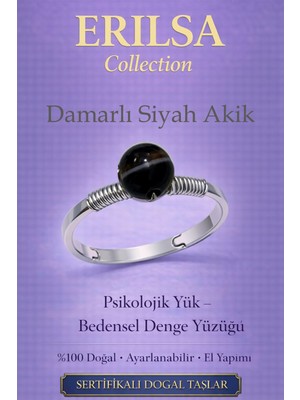 Erilsa Sertifikalı Psikolojik Yük Bedensel Denge Yüzüğü - Damarlı Siyah Akik Ayarlamalı Akrep Oğlak Kova