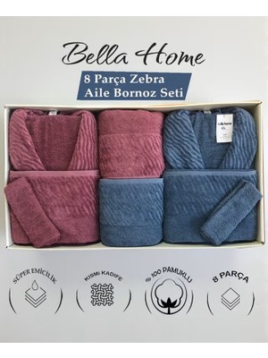 Bella Home 8 Parça Zebra Aile Bornoz Seti - %100 Pamuk - Orijinal Lüks Kutu