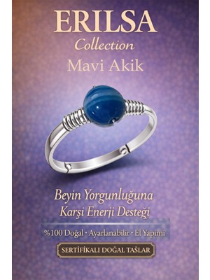 Erilsa Sertifikalı Zihinsel Denge Enerji Yüzüğü – Damarlı Mavi Akik Ayarlamalı Ince Kasa Terazi Balık Burcu