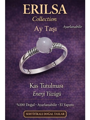 Erilsa Sertifikalı Kas Tutulması Enerji Yüzüğü – Ay Taşı Ayarlanabilir Ince Kasa Yengeç Balık Terazi Burcu