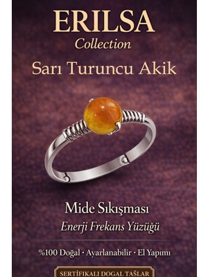 Erilsa Sertifikalı Mide Sıkışması Enerji Yüzüğü – Sarı Turuncu Akik Ayarlanabilir Ince Kasa Aslan Koç Yay