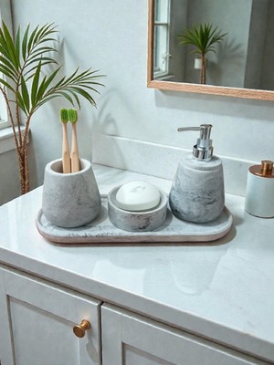 Trust Stone Mermer Desen Beton Banyo Seti Sıvı Sabunluk Diş Fırçalığı Aksesuar Takımı, Tepsi,havluluk