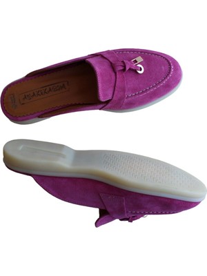 Gerçek Deri Fuşya Süet Günlük Kadın Terlik