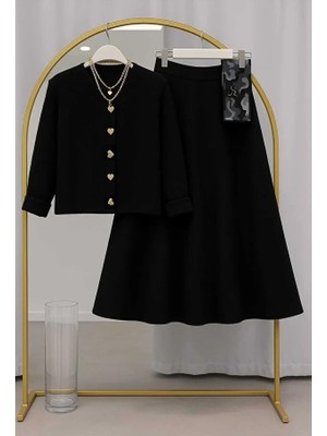 RFK Butik Kadın Triko Gold Kalpli Hırka Puf Scuba Etekli Takım - Siyah-Siyah