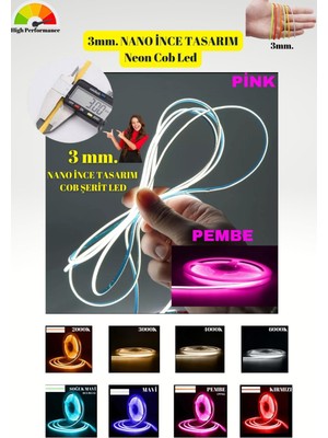 3mm. Nano Ince Neon Cob Şerit LED 3000K/ Ince Tasarım/ 5 Metre Rulo /1 Metrede 384 LED Bright Chip