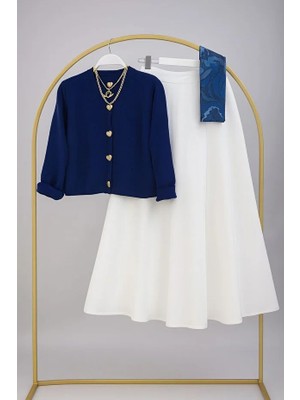 RFK Butik Kadın Triko Gold Kalpli Hırka Puf Scuba Etekli Takım - Lacivert-Beyaz