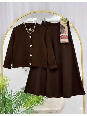 RFK Butik Kadın Triko Gold Kalpli Hırka Puf Scuba Etekli Takım - Kahverengi-Kahverengi