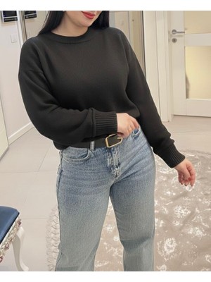 Abba1 Bayan Bisiklet Yaka Basic Triko Kazak Siyah