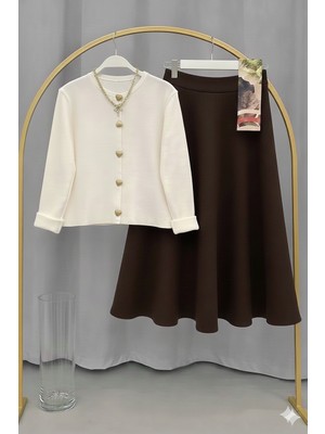 RFK Butik Kadın Triko Gold Kalpli Hırka Puf Scuba Etekli Takım - Beyaz-Kahverengi