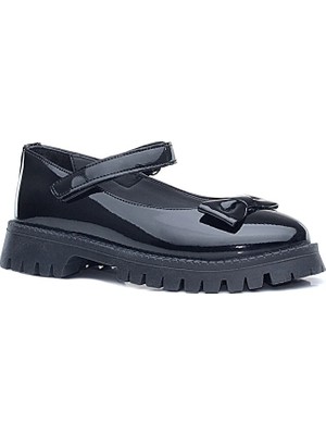 Stella Butik Siyah Rugan Kalın Tabanlı Cırtlı Kız Çocuk Babet