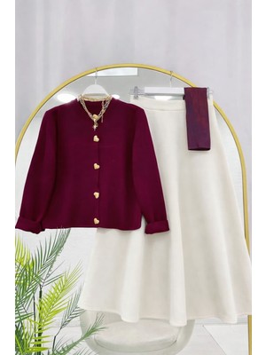 RFK Butik Kadın Triko Gold Kalpli Hırka Puf Scuba Etekli Takım - Bordo-Beyaz