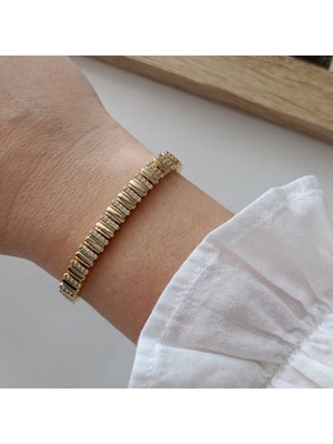 Lente Aksesuar Kadın 14K Altın Kaplama Zirkon Taşlı Baget Plaka Bileklik