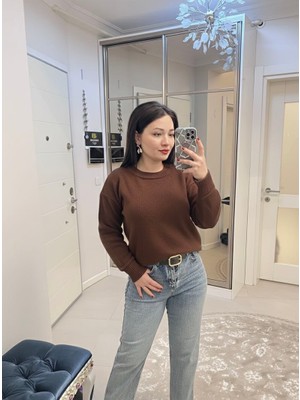 Abba1 Bayan Bisiklet Yaka Basic Triko Kazak Kahve