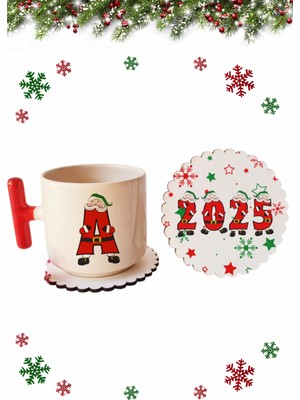Mio Life Yeni Yıl Christmas Yılbaşı Özel Seri A Harfli Kırmızı T Kulp Lüks Fincan ve Bardak Altı Seti