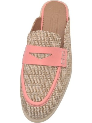 Hakiki Deri Keten Detaylı Pembe Günlük Kadın Terlik