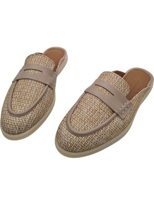 Hakiki Deri Keten Detaylı Pembe Günlük Kadın Terlik