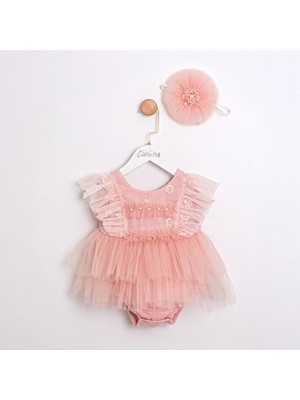 ministok Kolları Fırfırlı Arkası Kurdela Detaylı ve Saç Aksesuarlı Kız Bebek Romper
