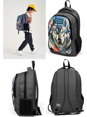 Siyah Kurt Desenli Ilkokul ve Ortaokul Sırt Çantası Üç Bölmeli Erkek Çocuk