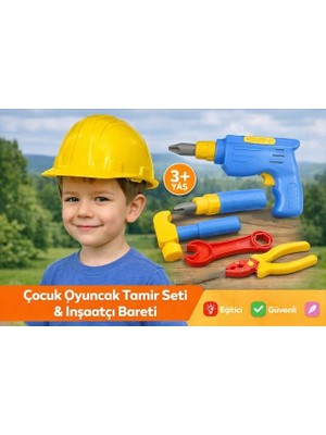 Özdemir Oyuncak 3+ Yaş Çocuk Oyuncak Tamir Seti – Inşaatçı Bareti Hediyeli Matkap Tornavida Seti 5+1 parça