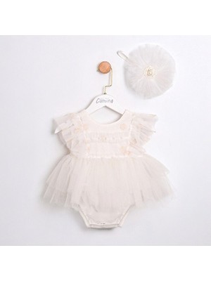 ministok Kolları Fırfırlı Arkası Kurdela Detaylı ve Saç Aksesuarlı Kız Bebek Romper