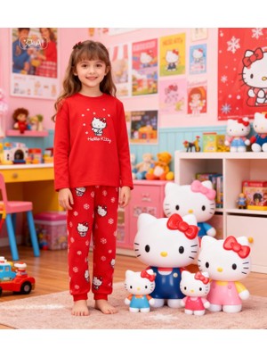 NiCe İç Giyim Hello Kittty Temalı Kız Çocuk Polar Pijama Takım Kırmızı Renk