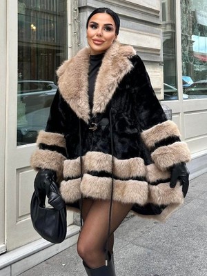 Rabiossa  Kadın Premium Beli Büzgülü Tasarım Kürk Kaban