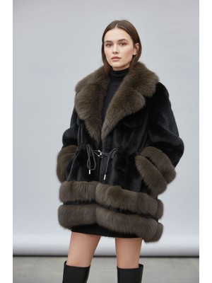 Rabiossa  Kadın Premium Beli Büzgülü Tasarım Kürk Kaban