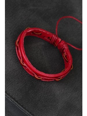 Eco Lounge Kırmızı Renk Ipli Yeni Sezon Deri Erkek Bileklik