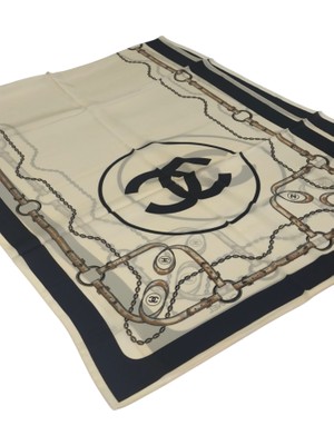 Chanel C Desen Kemerli  Vual Ipek Şal Krem Siyah