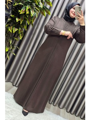 Elmas Tesettür Kadın Giyim Büyük Beden Kolu Nevrür Taşlı Kristal Kumaş Elbise Düz Desen