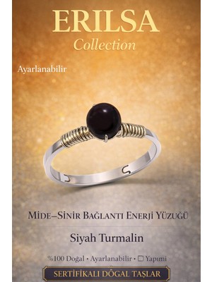 Erilsa Sertifikalı Mide Sinir Bağlantı Enerji Yüzüğü – Siyah Turmalin Ayarlanabilir Ince Akrep Oğlak Başak