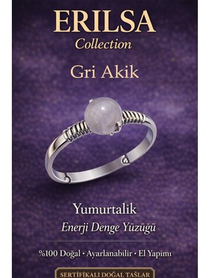 Erilsa Sertifikalı Yumurtalık Enerji Denge Yüzüğü – Gri Akik Taşı Ayarlamalı Ince Kasa Yengeç Terazi Balık