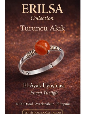 Erilsa Sertifikalı El Ayak Uyuşması Enerji Yüzüğü – Turuncu Akik Ayarlanabilir Gümüş Kasa Aslan Başak Burcu