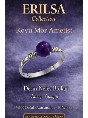 Erilsa Sertifikalı Derin Nefes Blokajı Yüzüğü – Koyu Mor Ametist Ayarlanabilir Ince Kasa Balık Kova Yengeç