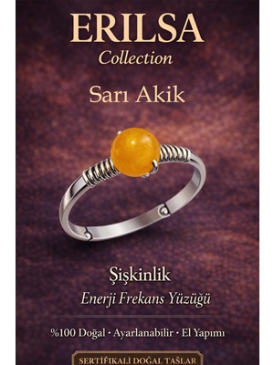 Erilsa Sertifikalı Şişkinlik Enerji Yüzüğü – Sarı Akik Taşı Ayarlanabilir Ince Kasa Boğa Başak Yengeç