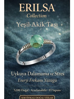 Erilsa Sertifikalı Uykuya Dalamama Enerji Yüzüğü – Yeşil Akik Ayarlanabilir Gümüş Kasa Yengeç Balık Burcu