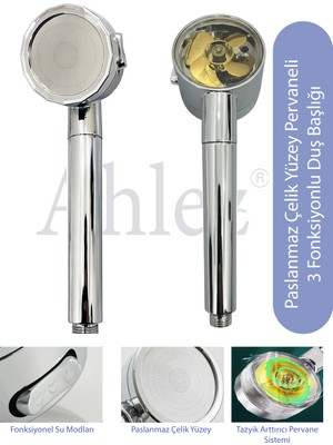 Ahlez Tazyikli Pervaneli 3 Fonksiyonlu Duş Başlığı El Duşu