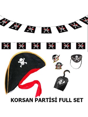 Popüler Sepet Çocuk Korsan Şapkası + Kancası + Göz Bandı + 2 Adet Yüzük + Afiş Seti
