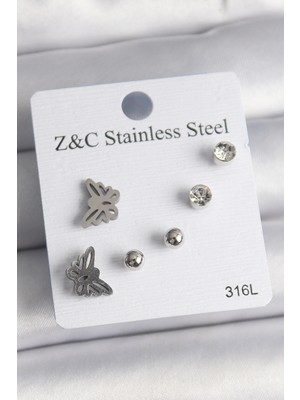 Eco Lounge 316L Çelik Gümüş Renk Zirkon Taşlı Kelebek Model Kadın Küpe Seti