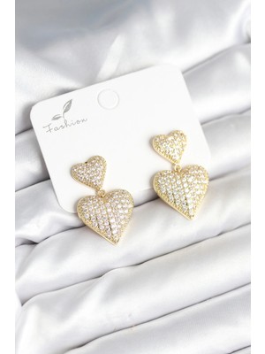 Eco Lounge Kalp Model Zirkon Taşlı Gold Renk Pirinç Kadın Küpe