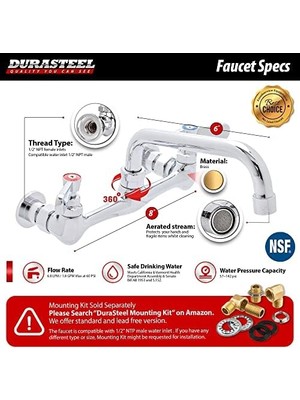 Aydenstore Mutfak Lavabosu Kurşunsuz Musluk - Durasteel 20,32 cm Merkezi Duvara Monte Ticari Mutfak Lavabo Bataryası 15,24 cm Döner Ağızlı - Nsf Sertifikalı - Çift Kollu Tutacaklar - Pirinç Yapılı ve Krom Cilalı