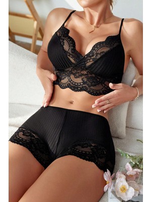 bebekokusu Kadın Siyah Kaşkorse ve Dantel Detaylı Şortlu Gecelik Takım
