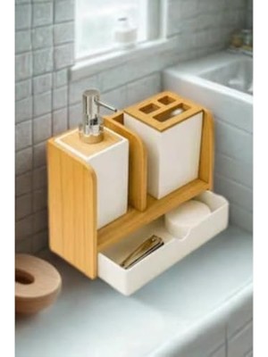 Aydenstore Çekmeceli Banyo Seti – Ahşap Sabunluk, Diş Fırçalık, Sıvı Sabunluk ve Çok Amaçlı Düzenleyici