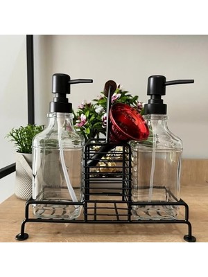 Aydenstore 2'li Cam Dispenser Seti – Metal Taşıyıcılı Sıvı Sabun & Deterjan Pompa Şişeleri, Endüstriyel Mutfak & Banyo Organizer