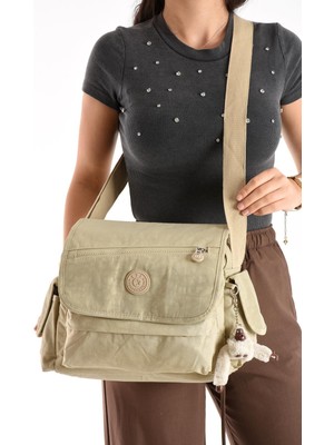 Duomino Krem Krinkıl Suya Dayanıklı Klinkır Çok Cepli Çapraz Çanta / Omuz Çantası / Postacı Çanta