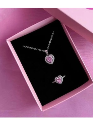 Çelik Gümüş Renkli Kalp Detaylı Kolye & Yüzük 2’li Set